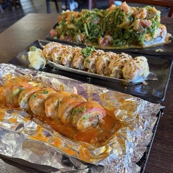 Satomi Sushi - Flaming Dragon (front), Lion King (middle), Greg Roll (back, secret menu item!) - Sushi Bars Near Me - Fremont, California