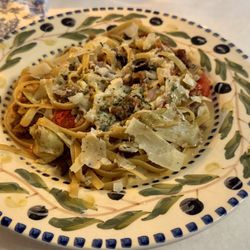 The Historic Elk Mountain Hotel - Sicilian pasta: fettuccine w/ artichoke hearts, tomatoes, garlic, olives, and Italian sausage