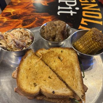 The Magnolia Pit - Turkey sandwich with coleslaw, corn, & bread pudding - Barbeque Near Me - Shreveport, Louisiana