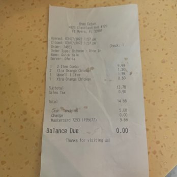 Chao Cajun - a receipt for balance due - Cajun/Creole Near Me - Fort Myers, Florida Chao Cajun - a receipt for balance due - Cajun/Creole Near Me - Fort Myers, Florida