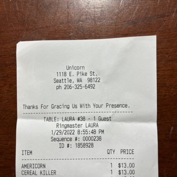 Unicorn - Our receipt - New American Near Me - Seattle, Washington