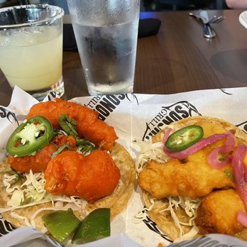 Sonora Grill - Shrimp tempura taco (left) Fish taco (right) margarita (back) - Latin American Near Me - Minneapolis, Minnesota Sonora Grill - Shrimp tempura taco (left) Fish taco (right) margarita (back) - Latin American Near Me - Minneapolis, Minnesota