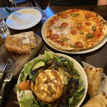 The Real Italian Pizza - Diablo's, Mediterranean salad and garlic bread with mozzarella - Italian Near Me - Bath, BAS The Real Italian Pizza - Diablo's, Mediterranean salad and garlic bread with mozzarella - Italian Near Me - Bath, BAS