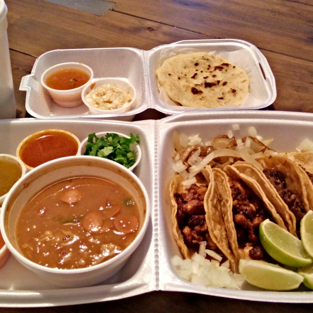 Tacusa - Pupusas on the top with cabbage and sauce. Churro beans with pastor and barbacoa tacos on the bottom. Horchata too! - Tacos Near Me - Fort Worth, Texas Tacusa - Pupusas on the top with cabbage and sauce. Churro beans with pastor and barbacoa tacos on the bottom. Horchata too! - Tacos Near Me - Fort Worth, Texas