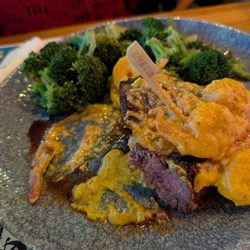 8 oz steak with shrimp and double broccoli.