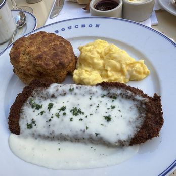 Bouchon - Country fried steak with homemade biscuit and scrambled eggs - French Near Me - Las Vegas, Nevada