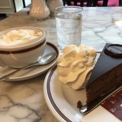 Sacher Café Graz - Original Sacher-torte with Viennese coffee. Cake a bit dry & too sweet for me, even with the whipped cream. Coffee = OK.