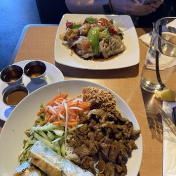 Simply Pho House - Pork Vermicelli (front) and Flat Noodles with Vegetables (back) - Asian Fusion Near Me - Marble Falls, Texas Simply Pho House - Pork Vermicelli (front) and Flat Noodles with Vegetables (back) - Asian Fusion Near Me - Marble Falls, Texas