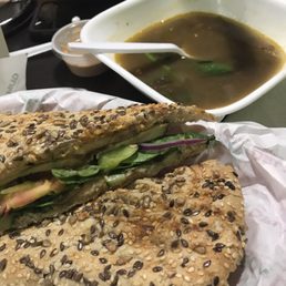 I had the vegetarian ciabatta with the lentil soup. Love love love the soup. It tasted just the way my mom makes it I had the vegetarian ciabatta with the lentil soup. Love love love the soup. It tasted just the way my mom makes it