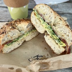 Green Flash Coffee - Breakfast bagel with egg, bacon, spinach and Munster cheese!