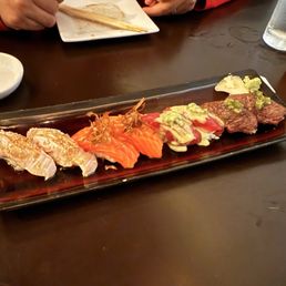 Butterfish, king salmon, bluefin tuna and wagyu beef Butterfish, king salmon, bluefin tuna and wagyu beef