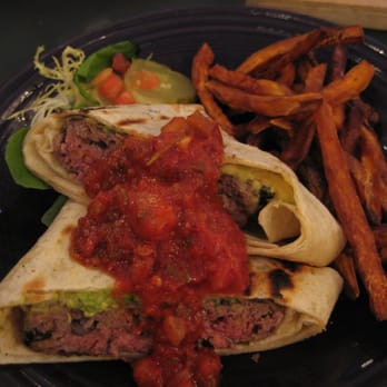 Crazy Burger - LOCO BURGER - Beef, avocado, black beans & cheddar, grilled into a tortilla, with salsa - Juice Bars & Smoothies Near Me - Narragansett, Rhode Island