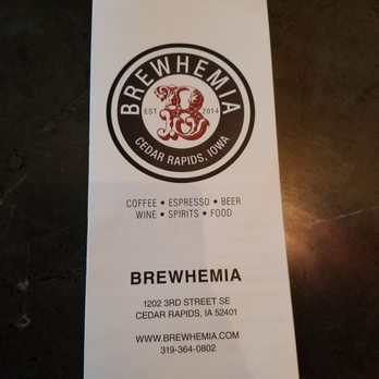 Brewhemia - Front of menu - Cafes Near Me - Cedar Rapids, Iowa