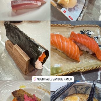 Sushi Table - Top left yellowtail sashimi / scallop sushi taco / spicy eel sushi taco / salmon yuzu H.R / salmon nigiris / black garlic ramen - Japanese Near Me - San Luis Obispo, California Sushi Table - Top left yellowtail sashimi / scallop sushi taco / spicy eel sushi taco / salmon yuzu H.R / salmon nigiris / black garlic ramen - Japanese Near Me - San Luis Obispo, California