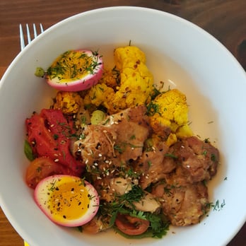 Trade - Harissa-Braised Chicken with multigrain, cauliflower, tahini and egg - Mediterranean Near Me - Boston, Massachusetts Trade - Harissa-Braised Chicken with multigrain, cauliflower, tahini and egg - Mediterranean Near Me - Boston, Massachusetts
