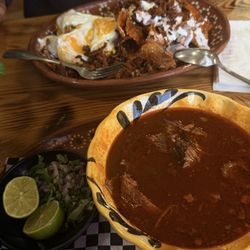 Birria menudo, chilaquiles.