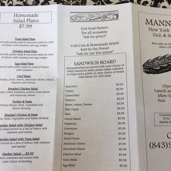 Manny's Deli & Subs - Menu back - Delis Near Me - Myrtle Beach, South Carolina