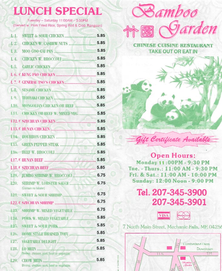 BAMBOO GARDEN CHINESE RESTAURANT 7 N Main St, Mechanic Falls, ME Yelp