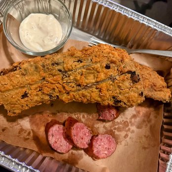Stiles Switch BBQ & Brew - Chicken fried beef rib (before), gravy and Switch Original Sausage - Barbeque Near Me - Austin, Texas