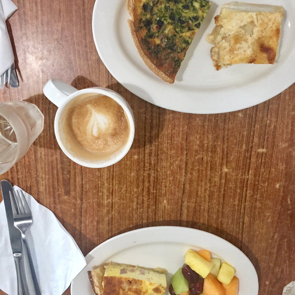 Le Coffee Shop - Spinach/feta quiche with a side of scalloped potatoes, a French vanilla latte, and a ham/cheese quiche with a side of fruit. - Breakfast & Brunch Near Me - Temecula, California