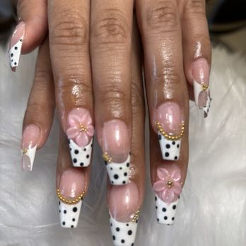La Bamba Nails - Gel nail extensions- polka dot nails with charms. I've had them for a week so far and I get so many compliments. Thanks Tracy! - Nail Salons Near Me - Huntington Park, California