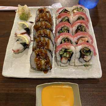 Hiro Japanese Steakhouse - Left to right - Octopus nigiri, Spider roll, Hori roll. Both without avocado. - Sushi Bars Near Me - Montrose, Colorado Hiro Japanese Steakhouse - Left to right - Octopus nigiri, Spider roll, Hori roll. Both without avocado. - Sushi Bars Near Me - Montrose, Colorado