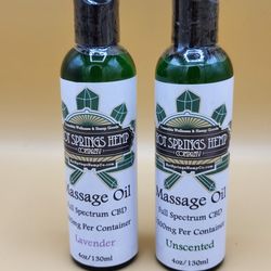 Hot Springs Hemp Company - 1500mg of Full Spectrum CBD per bottle.  Our massage oil comes in unscented and lavender.  $25 per bottle.