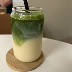 Iced Matcha latte with vanilla soy milk