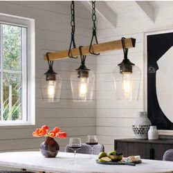 BidClover - Uolfin Transitional Black Dining Room Island Chandelier, 25 in. 3-Light Farmhouse Faux Wood Pendant Hanging light for Bedroom.
