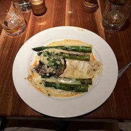 Oscar filet mignon with crab meat and hollandaise over potatoes and asparagus. Oscar filet mignon with crab meat and hollandaise over potatoes and asparagus.