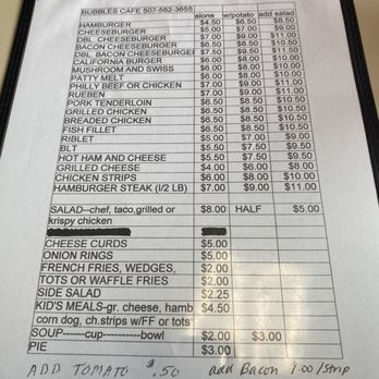 Bubble's Cafe - Lunch menu July 2025 - Cafes Near Me - Adams, Minnesota