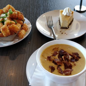 Heirloom Craft Kitchen - Truffle tots, eggnog cheesecake, and beer cheese soup (clockwise from top left) - New American Near Me - Indio, California Heirloom Craft Kitchen - Truffle tots, eggnog cheesecake, and beer cheese soup (clockwise from top left) - New American Near Me - Indio, California