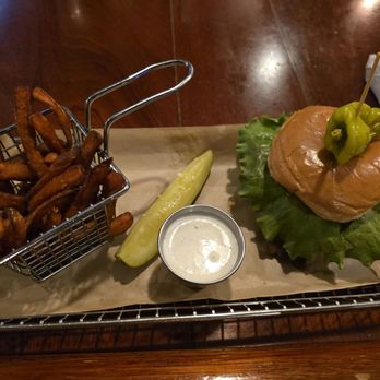 Hops Burger Bar - Spicy Goat with sweet potato fries - Burgers Near Me - Greensboro, North Carolina Hops Burger Bar - Spicy Goat with sweet potato fries - Burgers Near Me - Greensboro, North Carolina