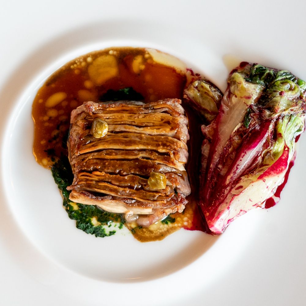 Pavillon Ledoyen - Millefeuille layering of Wagyu beef served with Paris Mushrooms, lettuce fondue flavored with fermented beet - French Near Me - Paris, 75