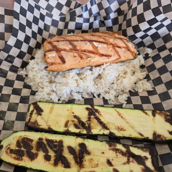 Crazy Fish - Grill & Market - Wild caught grilled salmon with rice  and grilled zucchini - Seafood Near Me - San Pedro, California