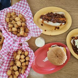 Small's Drive-In - This, a fountain drink and milkshake was like $30. If you order "small" tots, you get a whole basket! The new Patriot Burger was amazing.