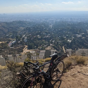 Bicycle Roots - Mr. Pink, all the way from the East Coast! - A bicycle is positioned on a dirt trail on a hillside, with a city skyline visible in the distance and a chain-link fence in the background. - Bike Repair/Maintenance Near Me - Brooklyn, New York