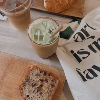Drift Cafe - Almond croissant, chocolate banana bread, iced coffee & iced matcha latte - Coffee & Tea Near Me - Pacific Beach, California