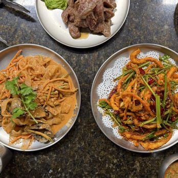 Xi Top Barbeque - 东北大拉皮 (cold mixed vegetables with beef and sauce) and spicy stir fried squid - Korean Near Me - Flushing, New York Xi Top Barbeque - 东北大拉皮 (cold mixed vegetables with beef and sauce) and spicy stir fried squid - Korean Near Me - Flushing, New York