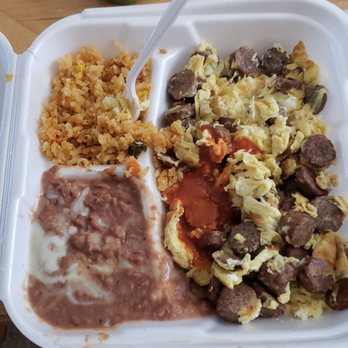 Salsitas Mexican Food - Breakfast plate with beef frank and egg. Frijoles in Spanish rice - Mexican Near Me - Phoenix, Arizona