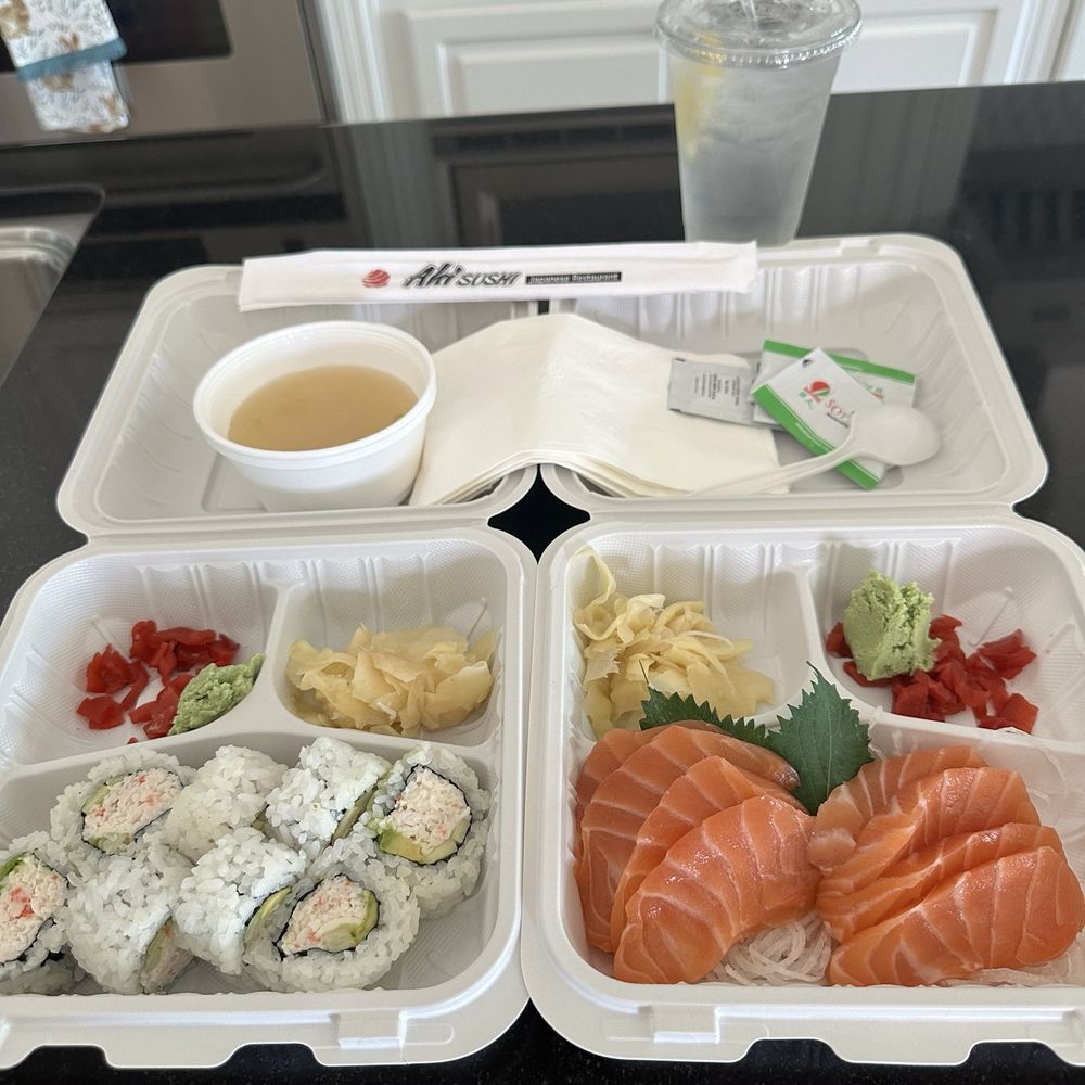 Ahi Sushi - Take out: Salmon Sashimi, California Rolls, with complimentary Miso Soup. - Sushi Bars Near Me - Bakersfield, California Ahi Sushi - Take out: Salmon Sashimi, California Rolls, with complimentary Miso Soup. - Sushi Bars Near Me - Bakersfield, California