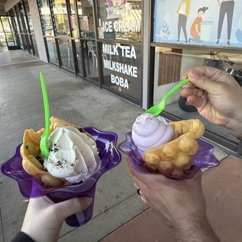 Fluffy Bear - Vanilla bean ice cream with bubble cone and Oreo. Taro ice cream with bubble cone - Ice Cream & Frozen Yogurt Near Me - Laguna Hills, California