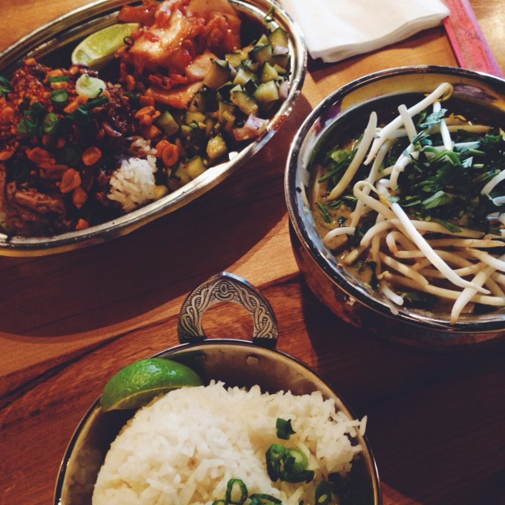 Spork - Green curry and the top left is the shredded pork rice bowl. - Mexican Near Me - Bend, Oregon Spork - Green curry and the top left is the shredded pork rice bowl. - Mexican Near Me - Bend, Oregon
