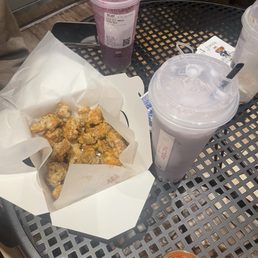Popcorn chicken and taro milk tea