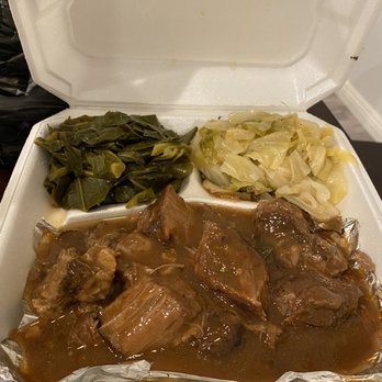Messi Soul Kitchen - Smothered roast beef with collard greens and cabbage - Soul Food Near Me - Riverside, California Messi Soul Kitchen - Smothered roast beef with collard greens and cabbage - Soul Food Near Me - Riverside, California