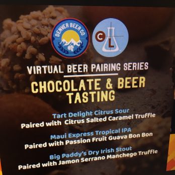 Denver Beer Co. Olde Town Arvada - Virtual Beer Pairing Series - Chocolate and Beer Tasting - Breweries Near Me - Arvada, Colorado Denver Beer Co. Olde Town Arvada - Virtual Beer Pairing Series - Chocolate and Beer Tasting - Breweries Near Me - Arvada, Colorado