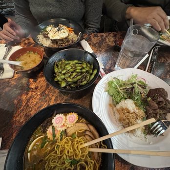 Menya Noodle Bar - We ordered spicy edamame, Spicy Miso, Beef Bulgogi and Bibimbop. - Ramen Near Me - Denver, Colorado