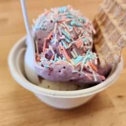 Mayday Ice Cream - Free birthday treat! One scoop you can choose two. Chose Gillispie's bourbon pecan (must be 21), and blackberry earl gray (my fav!).