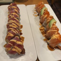 Spider-Man roll-Soft shell crab roll with spicy tune and tuna on top. Maxi roll