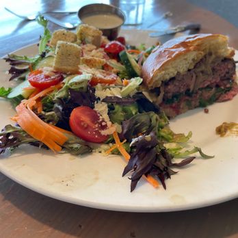 FINN - Burger with salad, beautifully cooked medium rare. Great taste and nice salad! - New American Near Me - Missoula, Montana FINN - Burger with salad, beautifully cooked medium rare. Great taste and nice salad! - New American Near Me - Missoula, Montana
